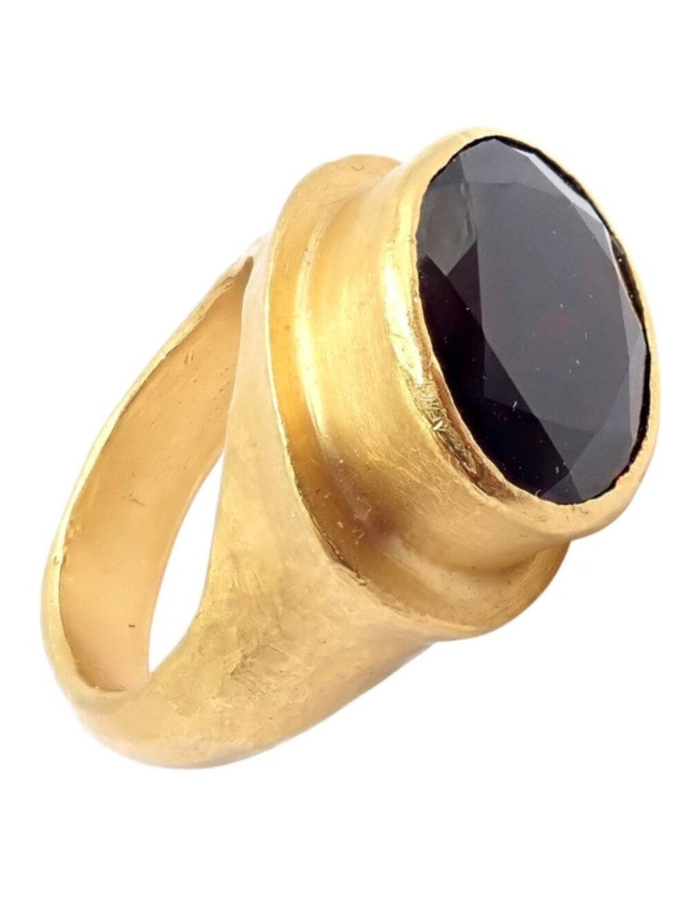 Authentic! Yossi Harari Hammered 24k Yellow Gold Large Garnet Ring sz 7